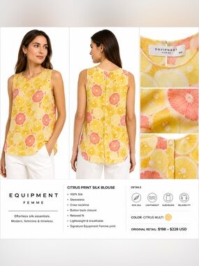 Equipment Femme Citrus Print Silk Sleeveless Blouse - Yellow Multicolor- size S